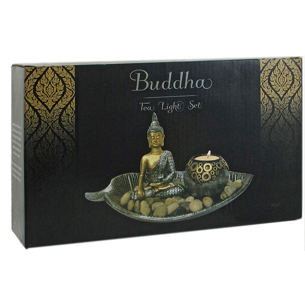 Buddha Teelicht-Set auf Blattschale Höhe: 14 cm