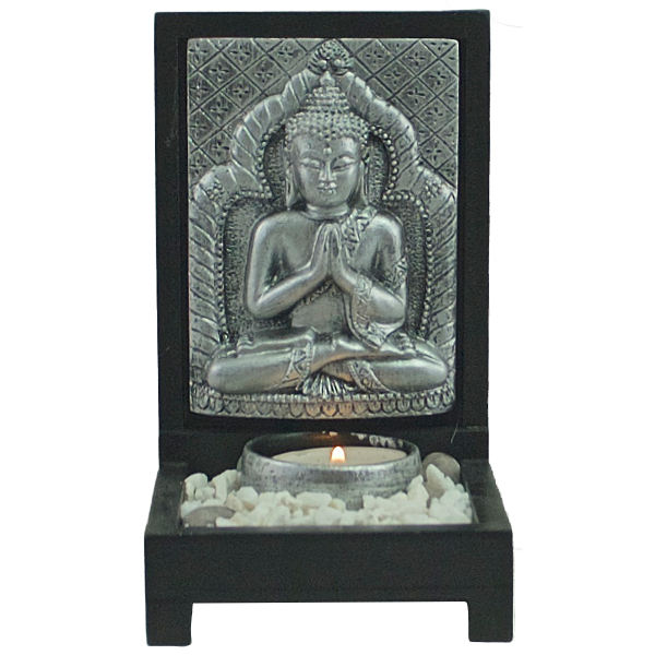 Buddha Teelicht-Set silber (Figur 1) Höhe: 15,5 cm