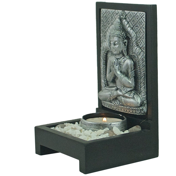 Buddha Teelicht-Set silber (Figur 1) Höhe: 15,5 cm