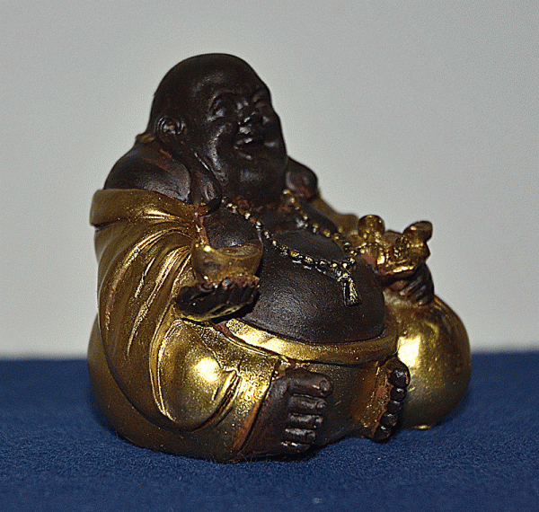 Lachender Buddha sitzend mit Geldsack Höhe: 4,5 cm