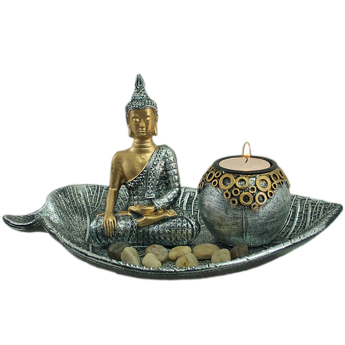 Buddha Teelicht-Set auf Blattschale Höhe: 14 cm