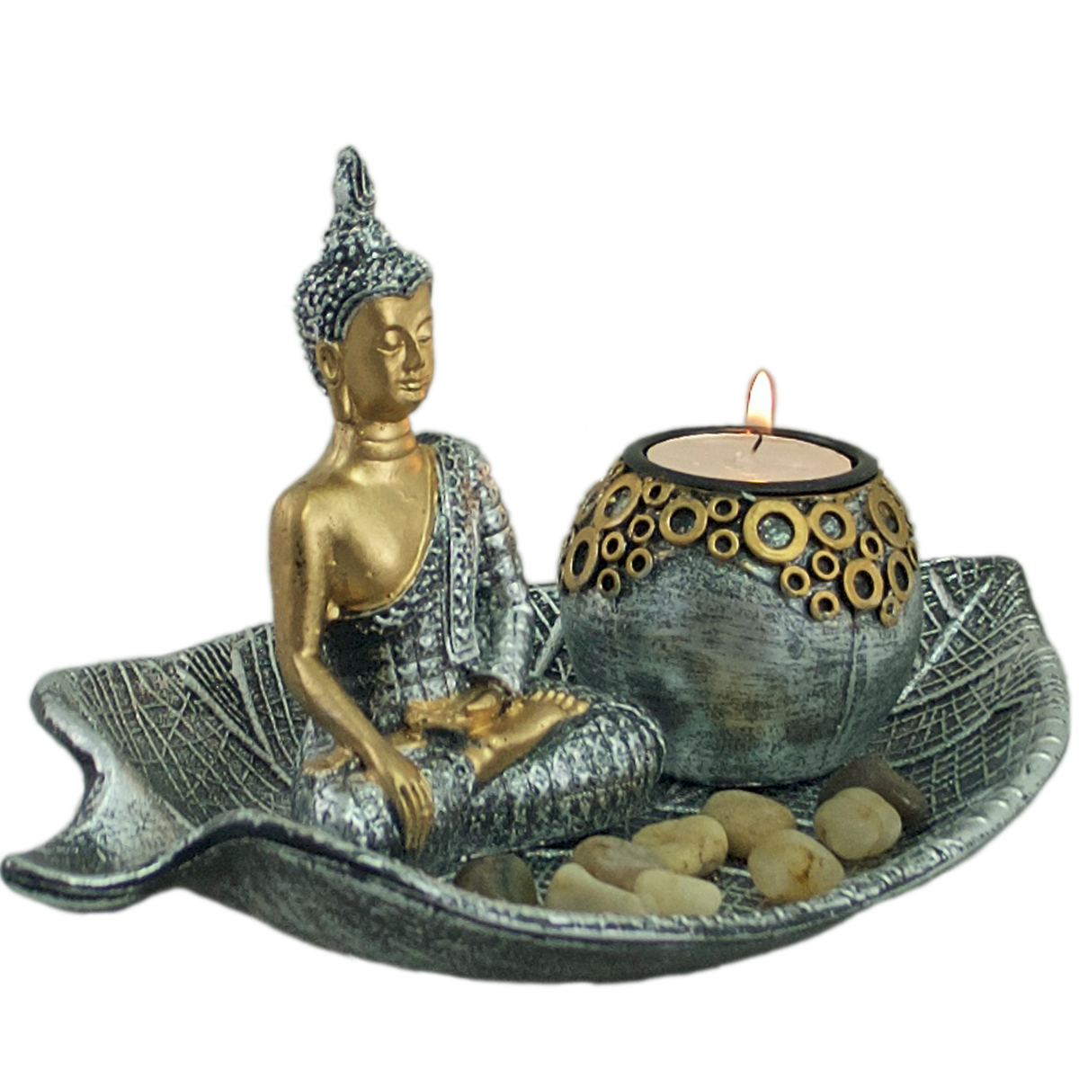 Buddha Teelicht-Set auf Blattschale Höhe: 14 cm