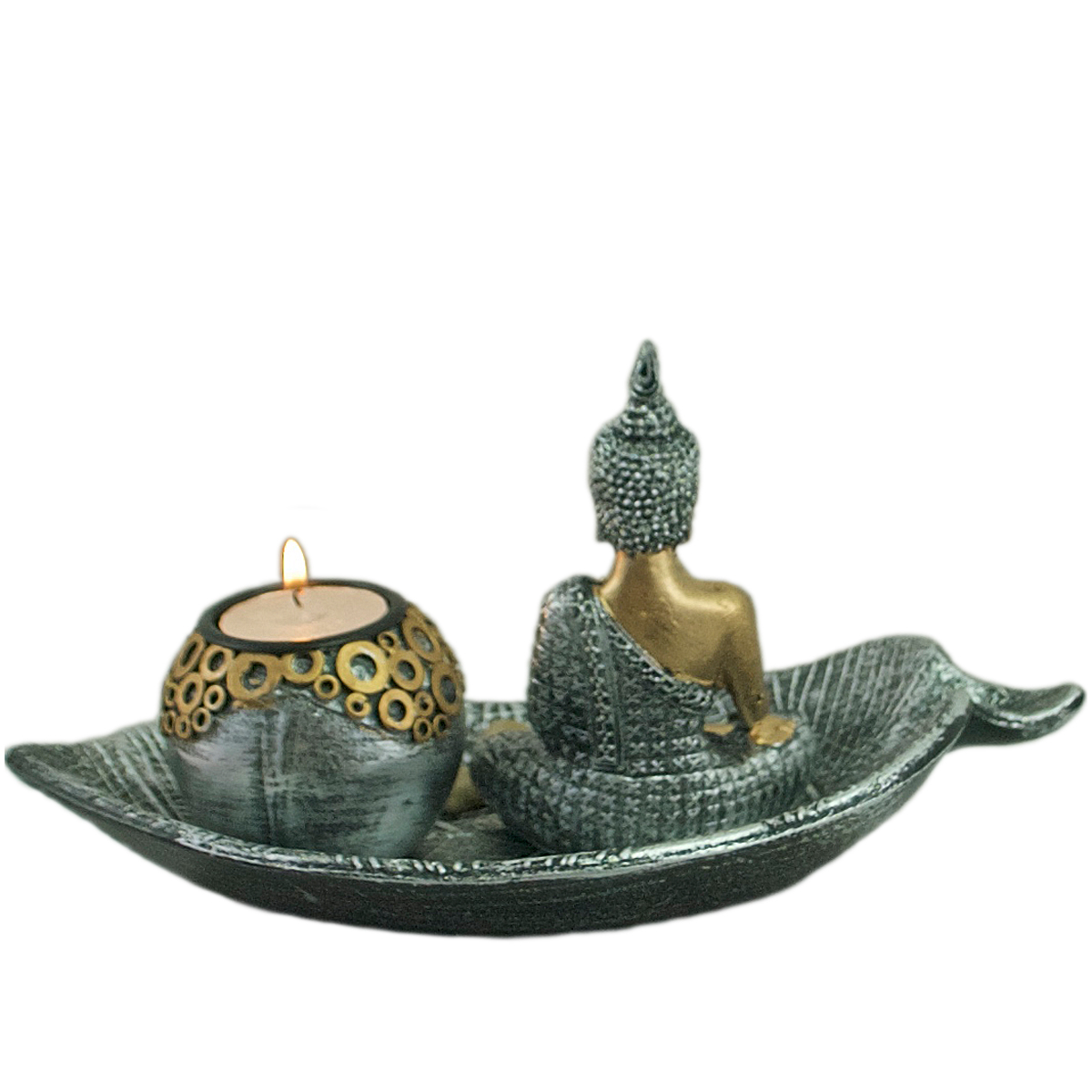 Buddha Teelicht-Set auf Blattschale Höhe: 14 cm